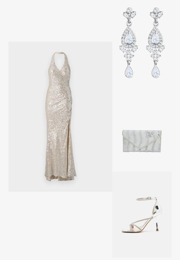Halter neck glitrende kjole i beige, med en tætsiddende silhuet, sideslids og rynket detaljering for tekstur og visuelt interesse.; Sølv højhælede sandal med en snøredesign, glitrende materiale, rhinsten accenter og en slank ankelrem. Firkantet tå og poleret hæl.; faina Clutches - silver coloured; Elli ANTIQUE DROP - Øreringe - weiß