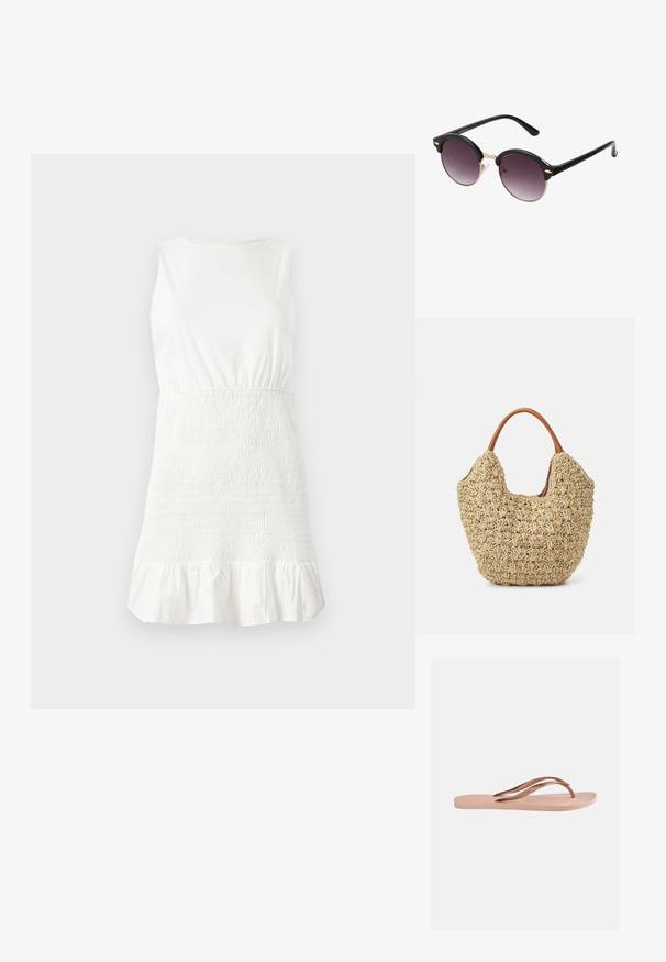 Robe blanche sans manches présentant un buste ajusté avec un texture froncée, un ourlet volanté évasé, et un matériau en mélange de coton doux.; Une seule sandale tongs rose clair avec semelle texturée et brides en forme de Y en or rose métallique sur un fond uni.; Lunettes de soleil rondes avec des montures en plastique noir et des verres dégradés violet foncé. Accents en métal doré sur la monture. Fins bras noirs.; Sac fourre-tout en paille tissée avec une texture naturelle et une forme douce et organique, doté de poignées en cuir brun pour un transport facile.