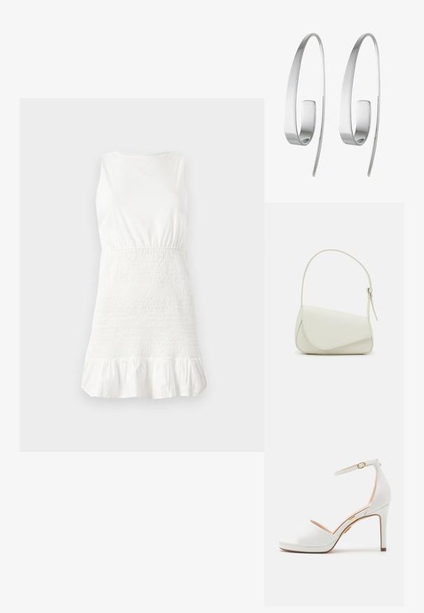 Vestido blanco sin mangas que presenta un corsé ajustado con textura fruncida, un dobladillo acampanado con volantes y un material suave de mezcla de algodón.; Sandalia blanca de tacón alto con tiras en el tobillo y dedo abierto, con una hebilla dorada fina y tacón de aguja delgado.; Bolso de mano de imitación cuero blanco con una forma triangular estructurada, correa ajustable única y cierre con solapa acentuada en curva.; Pendientes de aro de plata con un diseño elegante y alargado. Elaborados en metal pulido, presentan una textura suave y un estilo minimalista.