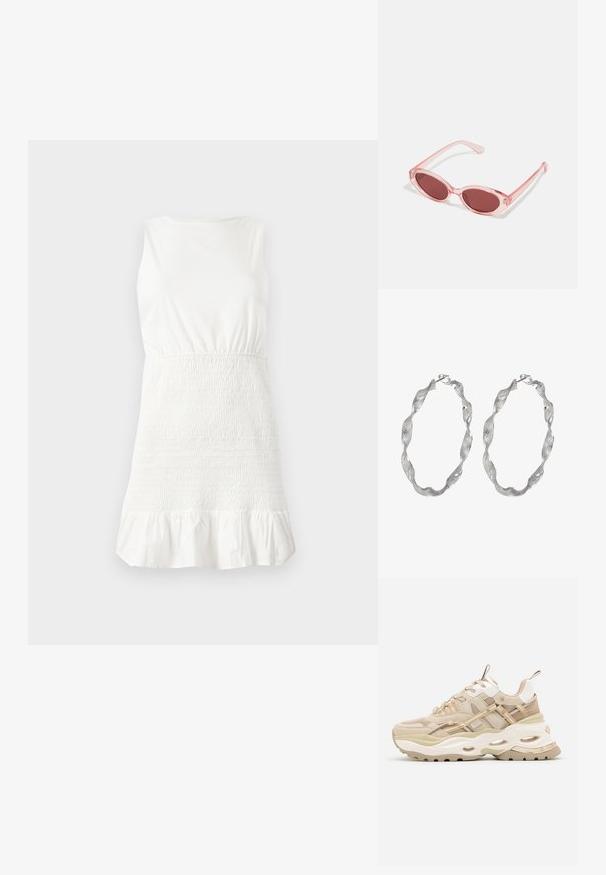 Hvid udenærmet kjole med en tætsiddende overdel med smock-effekt, en flagrende flæsekant og et glat bomuldsblandingsmateriale.; Beige og hvide chunky sneakers med tyk sål, mesh- og læderpaneler, ovale udskæringer i mellemsålen, trækstropper på tunge og hæl.; Lyserøde transparente solbriller med ovale linser, mørkerød toning og slanke stænger, der har en glat overflade og diskret detaljering på rammen.; Sølv hoop øreringe med et snoet design, der har en tekstureret overflade og en sikker lås. Letvægts og reflekterende med en glat finish.