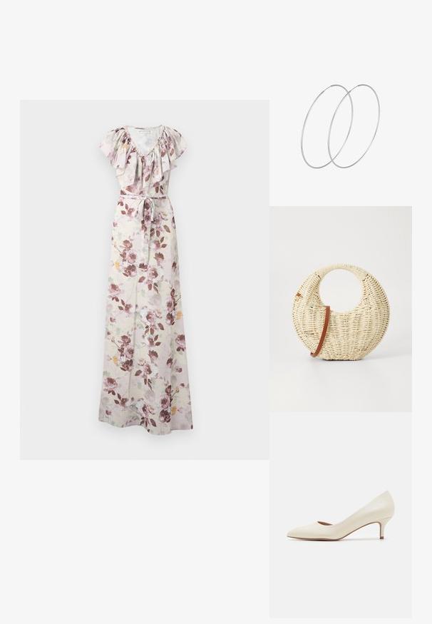 Vestido largo floral en tonos pastel con escote en V con volantes, mangas tipo farol y cinturón a juego anudado en la cintura.; Zapato de tacón bajo beige con punta afilada y un acabado superior suave y brillante. Presenta un sutil corte a lo largo del arco y un tacón delgado y cónico.; Bolso redondo trenzado en paja natural con un acabado texturizado. Presenta una correa de cuero marrón suave y un asa circular.; Pendientes de aro plateados con un diseño minimalista. Forma circular, textura suave y perfil delgado. Livianos con un acabado pulido.
