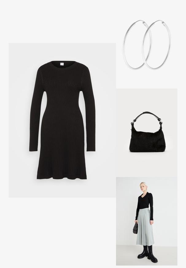 GAP CREW NECK DRESS - Strickkleid - black; Schwarzes Langarmoberteil, hellgrauer plissierter Rock mit Doppelverschlussdetails und schwarzen Boots mit dicker Sohle; silberne Handtasche mit Verzierungen.; Schwarze Kunstfell-Handtasche mit weicher Textur, runder Form und einem stabilen schwarzen Leder-Schulterriemen. Sichtbare silberne Hardware-Akzente.; Silberfarbene Creolen mit einer glatten, runden Form und einer polierten Oberfläche. Beide Ohrringe haben die gleiche Größe und verfügen über einen sicheren Verschlussmechanismus.