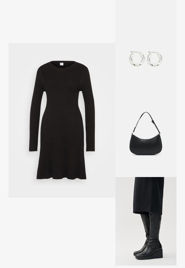 GAP CREW NECK DRESS - Strickkleid - black; Schwarz lederne kniehohe Stiefel mit Keilabsatz, ausgestattet mit einer glatten Oberflächenstruktur und einem seitlichen Reißverschluss. Entworfen mit einer schlanken, körperbetonten Silhouette.; Pieces PCALUANA SHOULDER BAG - Handtasche - black; Silberne Creolen mit glänzender Oberfläche, die eine kreisrunde Form haben und mit einem schwenkbaren Verschluss ausgestattet sind. Glatte Textur mit minimalen Details.