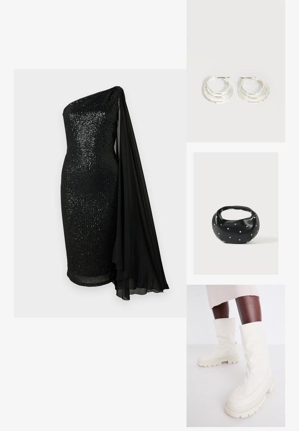 Sort glitrende kjole med en-skulder-design. Har et flydende sort chiffon-kappe-detalje, tætsiddende silhuet og knælangt kant.; Hvide ankelstøvler med en blød, struktureret finish, der har en kraftig gummisål og en skulptureret form for et moderne design.; Sort læderhåndtaske med en rundet form, dekoreret med sølvnitter, og et kort håndtag. Glat tekstur og lynlåslukning.; Sølv hoop øreringe med tre lagdelte halvcirkelformede bånd, hvoraf det ene er udsmykket med små klare krystaller på en lys baggrund.