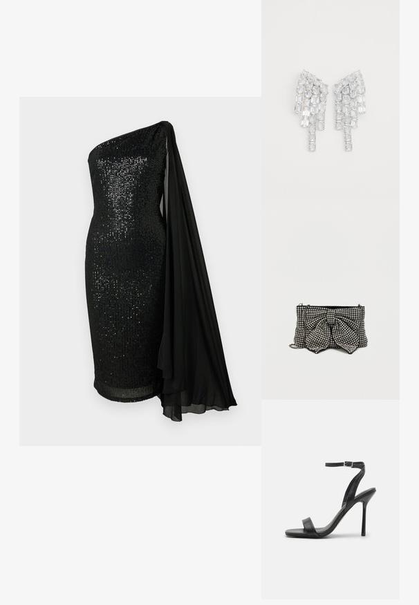 Sort glitrende kjole med en-skulder-design. Har et flydende sort chiffon-kappe-detalje, tætsiddende silhuet og knælangt kant.; Sort højhælet sandal med en slank ankelrem og to forreste bånd. Lavet af glat læder med en slank spids tå og stilettohæl.; Sorte clutch-taske med en stor sløjfe, prydet med sølvnitter, med en kædetras og en struktureret overflade, der fanger lyset.; Klare krystaløreringe med et forlænget design, der har rektangulære og firkantede sten, der falder i en vifteform. Skinner med en glitrende overfladetextur.