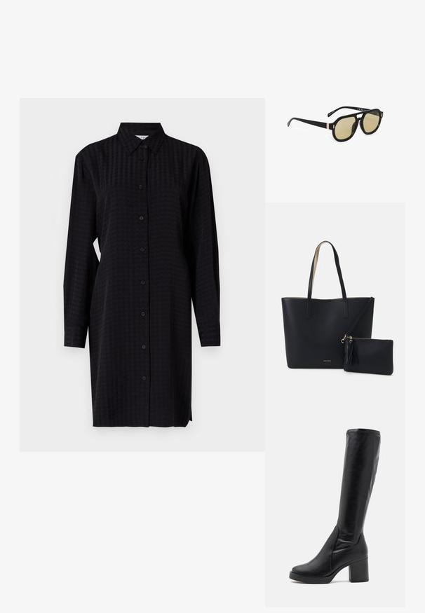 Zwarte button-up jurk met lange mouwen, gemaakt van een textuurstof en met een rechte snit, die tot halverwege de bovenbenen reikt.; Zwarte kniehoge laarzen van gladleer met een chunky hak en een ronde neus. Heeft een naadloos ontwerp en subtiele stiksels.; Zonnebril met een zwart montuur, geel getinte glazen en een gouden accent bij de scharnieren, gepositioneerd in een drie kwart hoek op een witte achtergrond.; Zwarte totebag van gestructureerd materiaal, met twee lange handvatten en een afneembare tas met rits voorzien van een franjesdetail. Gouden merklogo zichtbaar.