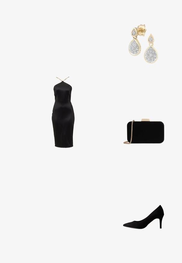 Zwarte satijnen bodycon-jurk met een halternekdesign. Heeft een aansluitend silhouet en een subtiele glans. Dunne gouden bandjes benadrukken de halslijn.; Zwarte suède pump met hoge hak, puntige neus en een gladde textuur, met een slanke hak en subtiele stiksels langs de randen.; Zwarte fluwelen clutch met gouden hardware, rechthoekige vorm en kettingband, met een zachte textuur en zonder zichtbare patronen.; Druppelvormige oorbellen met een gouden frame en zilveren accenten, versierd met meerdere kleine, ronde sprankelende stenen in een decoratieve opstelling.