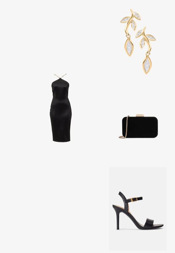 Čierne bodycon šaty z hodvábneho saténu s dizajnom na krk halter. Majú priliehavý strih a jemný lesk. Tenšie zlaté ramienka zvýrazňujú výstrih.; Čierne sandále na vysokom podpätku s hladkým koženým vrchom, otvorenou špičkou a dizajnom s jedným pásikom s akcentom zlatého spony.; Čierna zamatová listová taška so zlatým kovovým doplnkom, obdĺžnikový tvar a reťazový popruh, s hladkou textúrou a bez viditeľných vzorov.; DIAMANT L'ÉTERNEL Náušnice - gold coloured