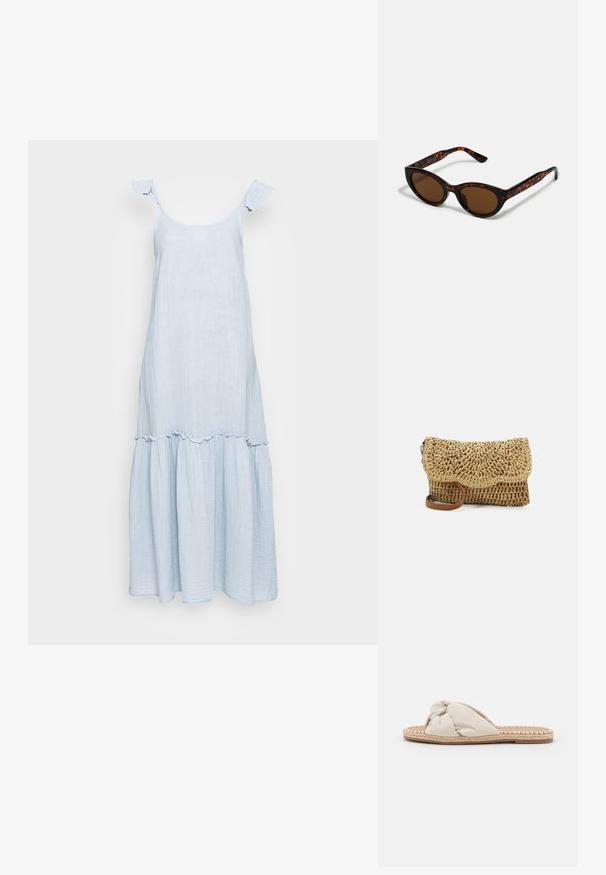 Lyseblå, ærmeløs kjole med flæser på stropperne og en lagdelt nederdel. Fremstillet af et blødt, tekstureret stof med et subtilt stribet mønster.; Beige stof slide sandal med et knyttet overdel design og vævet jute sål. Flad, åben tå stil med en tekstureret, flettet kant.; Brune skildpadde solbriller med en vintage katteøje-form og brune linser. Har buede arme med røde detaljer.; Pieces Crossbody PCVIOLET - Skuldertasker - nature