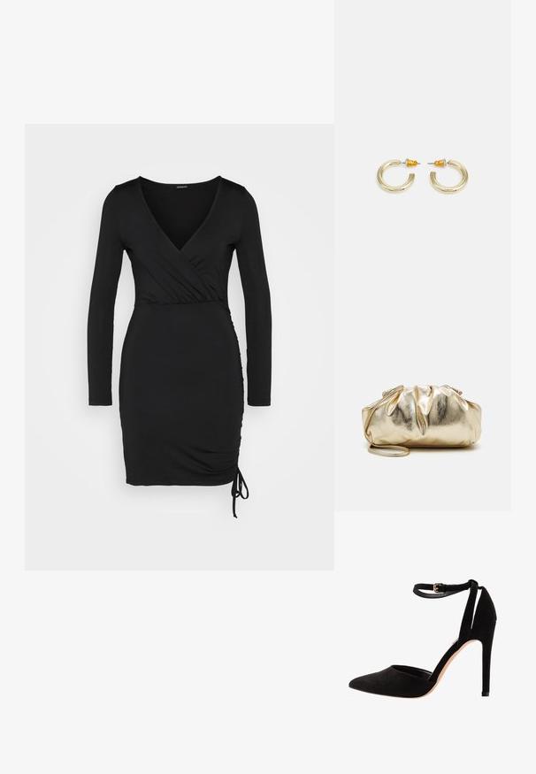 Even&Odd Jerseykjole - black; Sorte ruskind højhælede sko med spids tå, ankelrem og stiletto hæl. Designet har en glat tekstur med minimal detaljer.; Guldmetallic clutchtaske med en rynket tekstur, blød rund form og en aftagelig kæderekke. Har et sammenfoldet design øverst.; Guldtonede hooop øreringe med en glat, rund form og en poleret finish. Har orange detaljer på bagsiden for sikker fastgørelse.