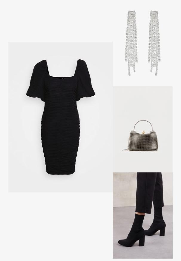 Pieces PCALICE SHORT DRESS - Šaty do práce - black; Čierne členkové topánky na podpätku s rebrovanou ponožkovou časťou, hladkým povrchom, zaoblenou špičkou a blokovým podpätkom pre stabilitu.; Malá kabelka so vzorom striebornej mriežky, zahnutým uchom, veľkou perlovou sponou a tenkým strieborným reťazovým remienkom na obyčajnom pozadí.; Dlhé strieborné náušnice s množstvom priehľadných, fasetovaných kryštálov v kaskádových pramienkoch rôznych dĺžok a tvarov.