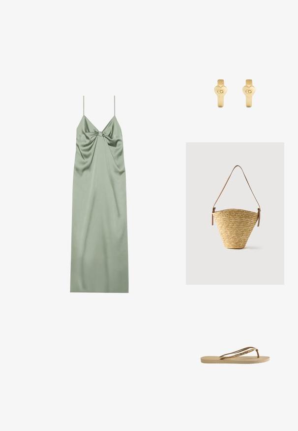 Robe en satin vert avec des bretelles spaghetti réglables, présentant un détail de nœud au centre et un tissu drapé pour un ajustement fluide.; Tongs avec une semelle texturée beige, de fines brides brunes et des accents en paillettes dorées. Design léger adapté à une utilisation décontractée.; Sac seau en paille tissée avec une base large, un sommet étroit et une bandoulière en cuir marron ajustable.; Paire de petites boucles d'oreilles créoles en or avec des pendentifs en forme de cœur gravés de la lettre "C" sur un fond blanc.