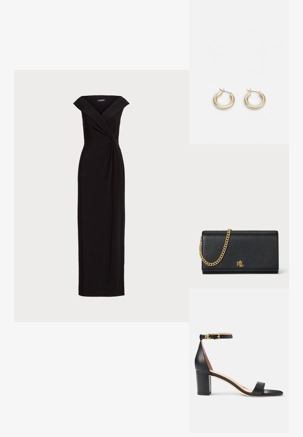 Must mustreel musto ja kehas sobituv õhtukleit, millel on vööl keeratud detail. Omab õlavarrelt avatud kaelust ja põrandani ulatuvat disaini. Sile kangas.; Lauren Ralph Lauren LOGAN BURNISHED LEATHER SANDAL - Sandaalid - black; Must musträkk musta nahkrahakettiga, millel on kuldne logo esiküljel. Minimalistlik disain, sile tekstuur ja elegantne kuju.; Lauren Ralph Lauren BASIC SMALL HOOP - Kõrvarõngad - gold-coloured