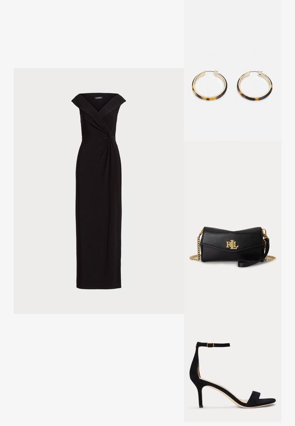 Sort aftenkjole med en tætsiddende bodice og en tvistet detalje ved taljen. Har off-shoulder halsudskæring og gulvlængde design. Glat stof.; Sort ruskind sandal med høje hæle med en tynd ankelstrop og guldlås, åben tå og moderat hælhøjde på en ens hvid baggrund.; Sort læderclutch med guld RLL-logo foran, guldkæde-rem og aftagelig læderrem til håndleddet på hvid baggrund.; Guldtonede hoop øreringe med en skildpadde-mønstret harpikskant, der har en glat finish og en elegant, rund form.