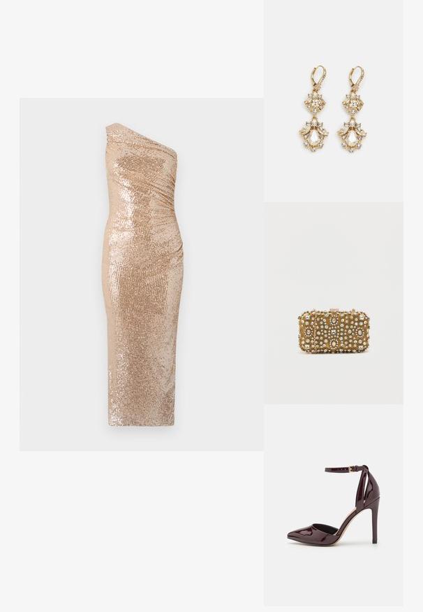 Körperbetontes Kleid mit einem Schulterdesign, aus einer goldenen Paillettenstoff hergestellt. Es hat eine figurnahe Silhouette und eine glatte Textur.; Burgunderrotes patentiertes Leder hochhackiges Schuhwerk mit spitzer Zehe, Knöchelriemen und einem 10 cm hohen Stiletto-Absatz. Glatte Textur und minimale Details.; Goldene Clutch mit aufwendigen Perlen- und Strassverzierungen. Rechteckige Form, Schnappverschluss und abnehmbarer Kettenriemen.; Ohrringe mit Gold-Finish im Design eines Clusters, das runde und tropfenförmige klare Kristalle zeigt und aufwendige Details präsentiert.