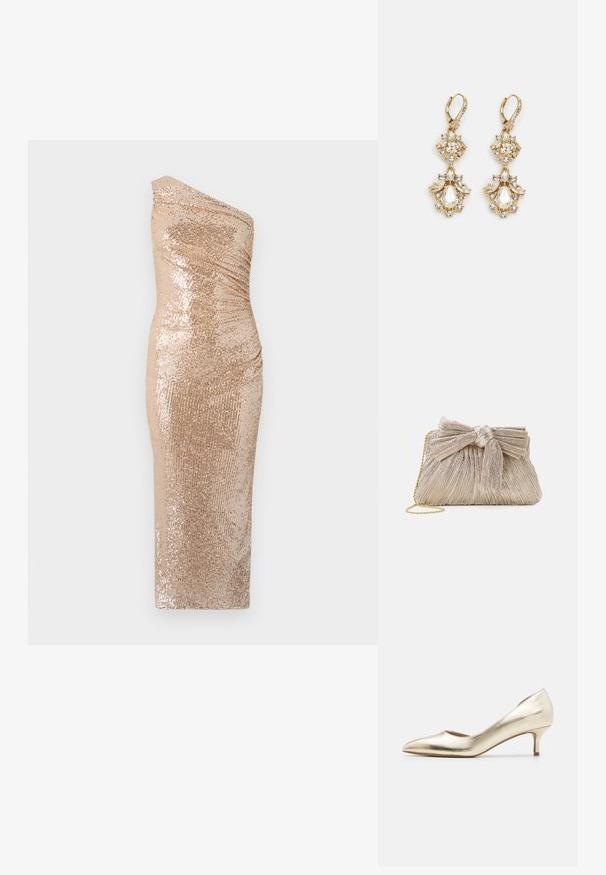 Bodycon kjole med en skulderdesign, lavet af glitrende stof i guld. Har en tætsiddende silhuet og glat tekstur.; Metallic guld højhælede pumps med spids tå, slank hæl, glat tekstur og minimale syninger på overdelen.; Metallic guld clutch taske med plisseret stof, der har en sløjfedetalje øverst og en gylden kædetras for alsidighed og nem bæring.; Guldtonede chandelierøreringe med en klynge-design, der har runde og tårnformede klare krystaller, der fremhæver detaljerne.