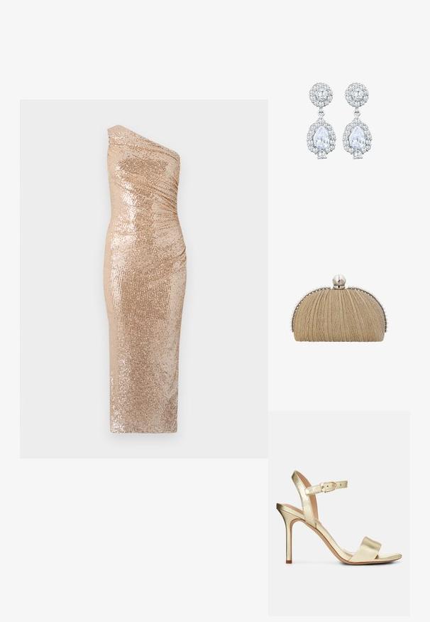Körperbetontes Kleid mit einem Schulterdesign, aus einer goldenen Paillettenstoff hergestellt. Es hat eine figurnahe Silhouette und eine glatte Textur.; Goldfarbene, metallische, geschnürte High-Heel-Sandale mit einer Schnallenverschluss, offenem Zehenbereich und glatter Textur. Verfügt über einen schmalen, spitzen Absatz.; Clutch aus goldfarbenem Stoff mit plisierter Textur, silbernem Rahmen und großem Perlenverschluss mit kleineren Perlen am Rand.; Ohrringe in Silberfarbe mit einem runden Stecker im Pavé-Stil und einem tropfenförmigen Anhänger, der von kleineren Steinen umgeben ist, was einen funkelnden Effekt betont.