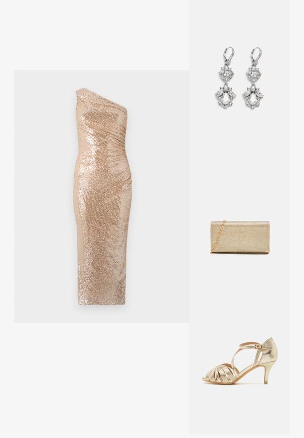 Vestido ajustado con diseño de un solo hombro, hecho de tela con lentejuelas en dorado. Presenta una silueta entallada y una textura suave.; Sandalía de tacón alto metálica en dorado con tiras cruzadas, punta abierta, correa de tobillo ajustable con hebilla y un diseño de tacón delgado.; Clutch metálico dorado con una superficie texturizada, que cuenta con una correa de cadena y una forma rectangular, diseñado para uso nocturno.; Pendientes de tono plateado que presentan múltiples piedras de cristal transparente en formas de lágrima y marquesa, con cierres de palanca y un detallado intrincado.