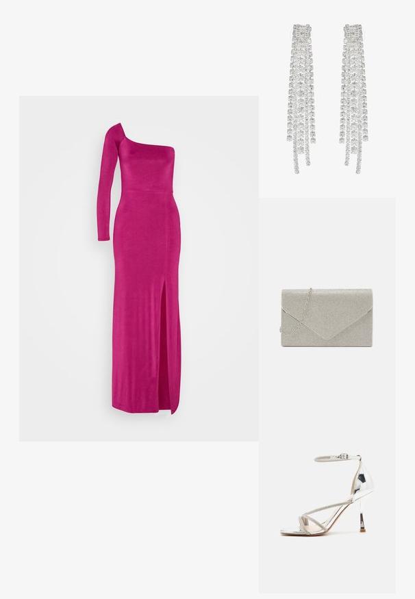WAL G. ARRABELLA ONE SLEEVE MAXI - Jerseykjole - magenta; Sølv højhælede sandal med en snøredesign, glitrende materiale, rhinsten accenter og en slank ankelrem. Firkantet tå og poleret hæl.; Metallic sølv clutch taske med et kuvert-design, udsmykket med et struktureret mønster, der har en aftagelig kæde-strop.; Lange sølvøreringe med en række klare, facetterede krystaller i kaskadeformede strenge med varierende længder og former.