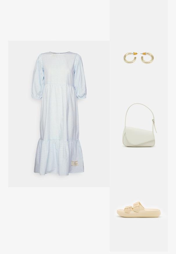 Denim Project VOLUME MIDI DRESS - Vestido informal - blue ice melt; Sandalia beige tipo slip-on con parte superior texturizada, correas ajustables con hebilla y una suela gruesa y acolchada. Diseño liviano adecuado para uso casual.; Bolso de mano de imitación cuero blanco con una forma triangular estructurada, correa ajustable única y cierre con solapa acentuada en curva.; Pendientes de aro en tono dorado con una forma suave y redondeada y un acabado pulido. Presentan acentos naranjas en la parte trasera para un ajuste seguro.