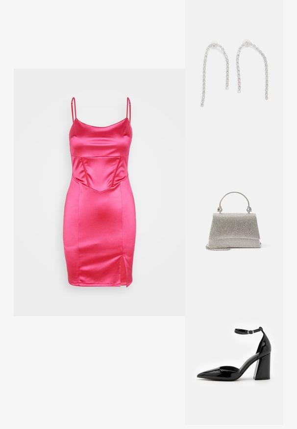 WAL G. CALEB CORSET MINI - Kokteilikleit/peokleit - fuchsia; Must mustakas nahkking kõrgendatud kontsaga king, millel on terav varvas, pahkluu rihm ja lai blokknokk stabiilsuse tagamiseks, silmapaistva läikiva tekstuuriga.; ALDO FELISIA - Käekott - silver-coloured; Hõbedased kõrvarõngad, millel on rippuvad kettid ning mitmed selged vääriskivid, paigutatud lineaarsesse mustrisse, andes sädeleva efekti.