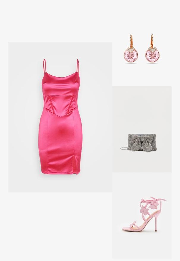 WAL G. CALEB CORSET MINI - Cocktailkjole / festkjole - fuchsia; Lyserøde højhælede sandaler med sommerfugle pynt, lavet af glat materiale. Har tynde stropper og en slank hæl.; Glitrende grå håndtaske med en tekstureret overflade, der har en stor sløjfe-accent på forsiden og en kædrem. Kompakt rektangulær form.; Roséguld øreringe med store lyserøde krystaller med intrikate facetter, suppleret med små klare dekorative sten.