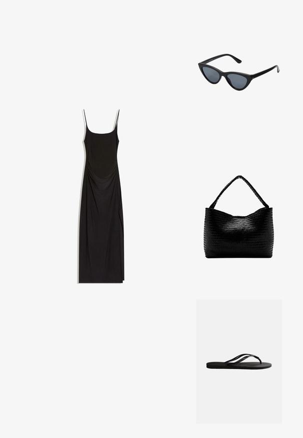 Robe maxi noire sans manches avec fines bretelles, côtés froncés et encolure carrée sur fond blanc.; Sandale tong en caoutchouc noir avec semelle texturée et fines brides en Y sur un fond blanc uni.; Lunettes de soleil noires en forme d'œil de chat avec des verres gris foncé, monture en plastique élégante, coins pointus et branches droites. Pas de métal visible ni d'accents.; Sac à main tissé noir avec une anse unique tressée, forme rectangulaire et surface texturée brillante.