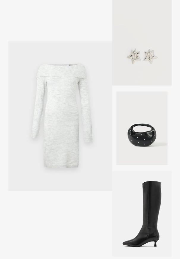 Lys grå strikket kjole med off-shoulder design, lange ærmer, ribbet halsudskæring og manchetter. Glat tekstur med subtile farvevariationer.; Zign Høje støvler/ Støvler - black; Sort læderhåndtaske med en rundet form, dekoreret med sølvnitter, og et kort håndtag. Glat tekstur og lynlåslukning.; Sølv stjerneformede øreringe med en glat, poleret finish på en ensfarvet hvid baggrund.