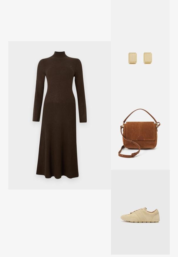 Robe en tricot côtelé marron avec un col montant, des manches longues, un corsage ajusté et un ourlet évasé. Présente une texture côtelée horizontale subtile.; Baskets en suède tan au design minimaliste, bout rond et semelle en caoutchouc. Présente deux bandes verticales et un laçage. Texture lisse.; Sac bandoulière en daim marron avec une poignée supérieure, un rabat à l'avant et des accessoires en métal doré. Présente un accent en cuir à la base du rabat.; Boucles d'oreilles en métal doré de forme rectangulaire, présentant des lignes verticales et des bords arrondis pour un aspect texturé.