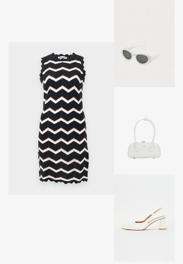 Zwart mouwloos gebreide jurk met witte en beige zigzagstrepen, geschulpte randen en een DKNY Jeans-label bij de nek.; Witte patenten leren slingback schoen met een spitse neus en een geometrische blokhak. Het interieur heeft een tan kleurige inlegzool en minimale zijsnedes.; Witte cat-eye zonnebril met donkere gepolariseerde lenzen en een frame van gerecycled polycarbonaat op een effen witte achtergrond.; Witte handtas van lakleer met dubbele afgeronde handvatten, zilverkleurige ritsluiting en subtiel "estro"-logo aan de voorkant.