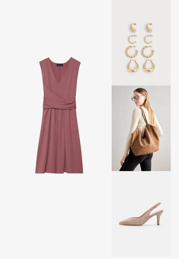 Mauve Kleid mit V-Ausschnitt, kurzen Ärmeln und geraffter Taille. Fließender Rock, der bis zur Mitte der Wade reicht, aus weichem, leichtem Stoff.; Slingback-Pumps aus weichem beigem Wildleder, mit spitzer Zehenform, schlankem Absatz und verstellbarem Knöchelriemen mit einer runden Schnalle.; Braune Wildleder-Tasche mit weicher Textur, großer Öffnung und langen Trägern. Sie verfügt über ein simples Design mit sichtbarem Stich und ohne Beschläge.; Set aus fünf goldenen Ohrringen mit unterschiedlichen Designs: gedrehte, gerillte und glatte Oberflächen in Creolen- und Halbmondformen.