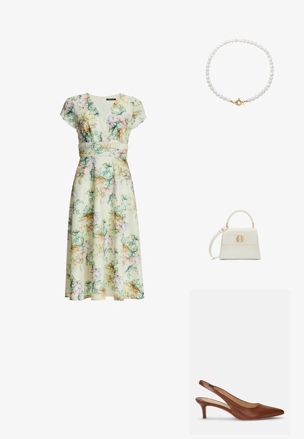 Florales Midikleid mit kurzen Ärmeln, V-Ausschnitt, tailliertem Schnitt und pastellfarbenen Blumen in Grün-, Pink-, Lila- und Beigetönen auf cremefarbenem Hintergrund.; Brauner Leder-Damenslingback mit spitzer Schuhspitze und niedrigem Kittenabsatz auf weißem Hintergrund.; Kleine weiße Handtasche mit Tragegriff oben, abnehmbarem Schulterriemen und goldenem rechteckigem Verschluss auf der vorderen Klappe.; Weißes Perlenkettchen mit gleichmäßig geformten Perlen, das eine glatte Textur zeigt. Verfügt über einen goldenen Verschluss mit einem dekorativen Design.