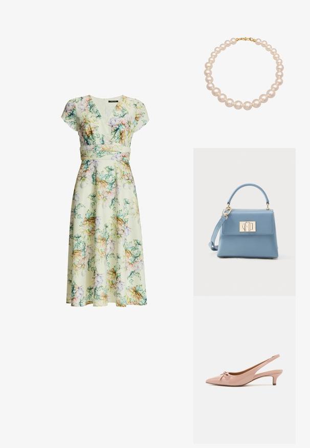 Blomstret midi-kjole med kappelærmer, V-hals, figursyet talje og pastelfarvede blomster i grønne, pink, lilla og beige nuancer på en cremefarvet baggrund.; Patenteret pink slingback hæle med spids tå, sløjfedetalje foran og lav kittenhæl. Glat tekstur med en blank finish.; Lyseblå læderhåndtaske med struktureret form, top håndtag, guldfarvede beslag og justerbar skulderrem. Har en frontklap med lås.; Perlekæde med runde, hvide perler strenget sammen, med en guld lobsterlås. Den glatte tekstur og ensartede form fremhæver dets elegante design.