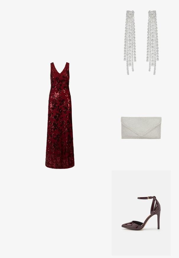 Langes burgunderfarbenes Abendkleid mit V-Ausschnitt, ärmellosem Design, verziert mit Paillettenblumenmustern und einer taillierten Taille.; Burgunderrotes patentiertes Leder hochhackiges Schuhwerk mit spitzer Zehe, Knöchelriemen und einem 10 cm hohen Stiletto-Absatz. Glatte Textur und minimale Details.; Silberne Clutch mit einer strukturierten Oberfläche aus kleinen, glänzenden Perlen. Verfügt über eine Umschlagform und einen dreieckigen Klappverschluss.; Lange silberne Ohrringe mit einer Vielzahl von klaren, facettierten Kristallen in kaskadierenden Strängen unterschiedlicher Längen und Formen.