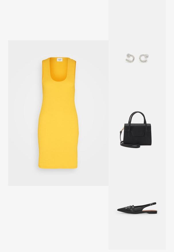 Another-Label BEAU DRESS - Kotelomekko - sunflower; Musta nahkainen slingback-tasapohjashoe, jossa on teräväkärkinen muotoilu, kaksi vaakasuoraa hihnaa ja neliönmuotoiset hopeiset soljet, matala korko ja sileä pinta.; Musta rakenne käsilaukku, joka on valmistettu nahasta, jossa on yläkahva, irrotettava olkahihna ja etupuolella läppäyksikkö. Kulta koristeet.; Hopeiset korvakorut, jotka on muotoiltu kaarevaksi C-kirjaimeksi ja joiden reunoja kiertävät kirkkaat, pyöreät strassit. Sileä metallinen pinta.