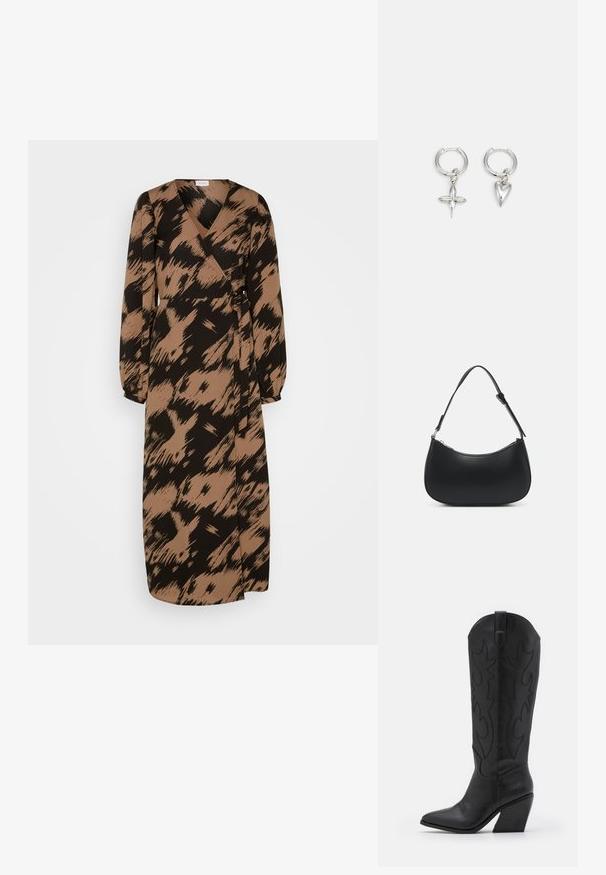 VILA VIJULIETTA MIDI WRAP DRESS - Päevakleit - black/beige; Mustad nahast cowboy-bott, millel on terav nina, kitsenev kiilukujuline konts ja dekoratiivne tikand külgedel.; Pieces PCALUANA SHOULDER BAG - Käekott - black; Hõbedased rõngassõrmused, millel on risti ja südame ripats. Siledad, läikivad pinnad koos poleeritud viimistlusega. Iga ripats ripub kindlas silmus.