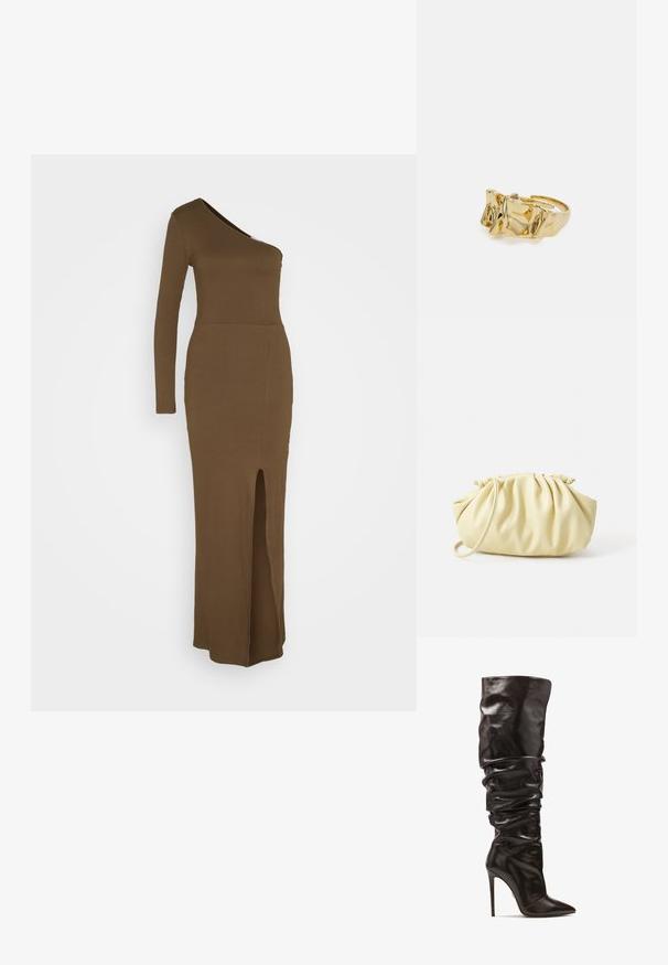 WAL G. PARTY ASH ONE SHOULDER MAXI - Jerseykjole - khaki green; Kazar AIFE - Overknees - dark brown; Gul plisseret håndtaske lavet af glat kunstlæder, med en blød form, en enkelt skulderrem og samlet topdesign.; Guldring med tekstureret, bølget design, der har tre fremtrædende toppe. Glat, skinnende overflade med en åben ring, der gør den justerbar.