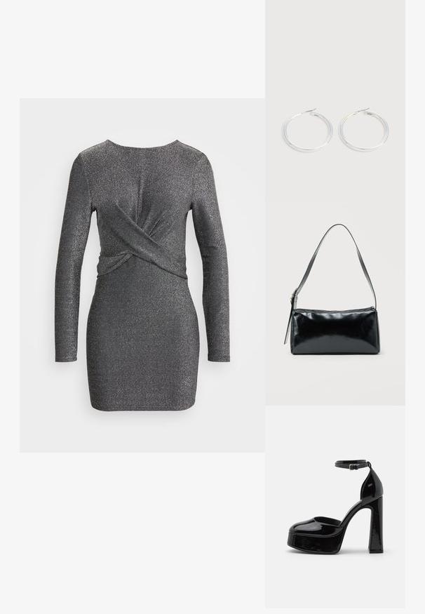 Robes à manches longues gris anthracite, avec un design à l'avant torsadé et une texture douce et métallique. Silhouette courte et ajustée.; Talons compensés en cuir verni noir avec une bride à la cheville, bout arrondi et talon épais, affichant une texture lisse et brillante.; Sac d'épaule rectangulaire noir avec une sangle réglable unique et une fermeture éclair supérieure sur un fond uni.; Paire de boucles d'oreilles créoles argentées brillantes avec fermoirs en fil fin, présentée sur un fond gris clair.