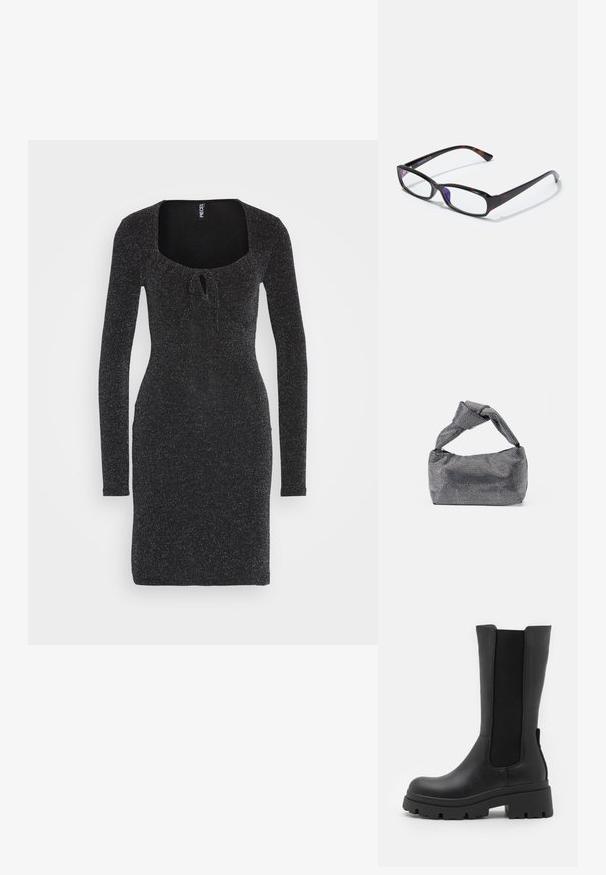 Pieces PCLINA TIE DRESS - Jerseykleid - black; ONLY SHOES ONLDOJA - Plateaustiefel - black; Rechteckige Brille mit Schildpatt-Muster, schwarzem Kunststoffrahmen und transparenten Gläsern. Mit dünnen Bügeln und leicht geschwungenen Enden.; Schwarz-silberne Handtasche mit einer strukturierten Oberfläche, die ein Diamantmuster aufweist, einem geknoteten Griff und einer strukturierten Form.
