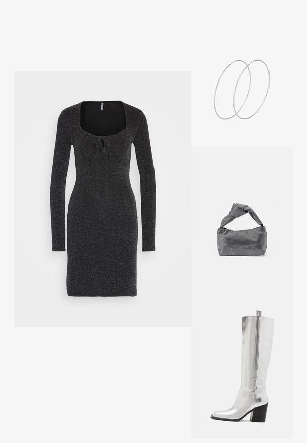 Pieces PCLINA TIE DRESS - Džersejové šaty - black; Strieborné kožené čižmy po kolená so štvorcovou špičkou, zvýraznené lesklým kovovým povrchom a robustným čiernym blokovým opätkom.; Čierna a strieborná kabelka s textúrovaným povrchom so vzorom diamantov, s uzlovou rukoväťou a štruktúrovaným tvarom.; Strieborné kruhové náušnice s minimalistickým dizajnom. Cirkulárny tvar, hladký povrch a tenký profil. Ľahké s lesklým povrchom.