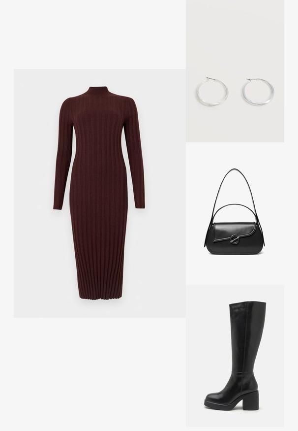 Langærmet, ribstrikket, mørkebrun midikjole med falsk krave, figursyet silhuet og lodret tekstur.; Zign by Zalando LEATHER - Højhælede støvler - black; Sort skuldertaske i læder med en buet klap, der er fastgjort med en rund metal spænde, og en slank, justerbar rem.; Sølvfarvede metaloorringe med glat, let buet overflade og låsemekanisme på en ensfarvet hvid baggrund.