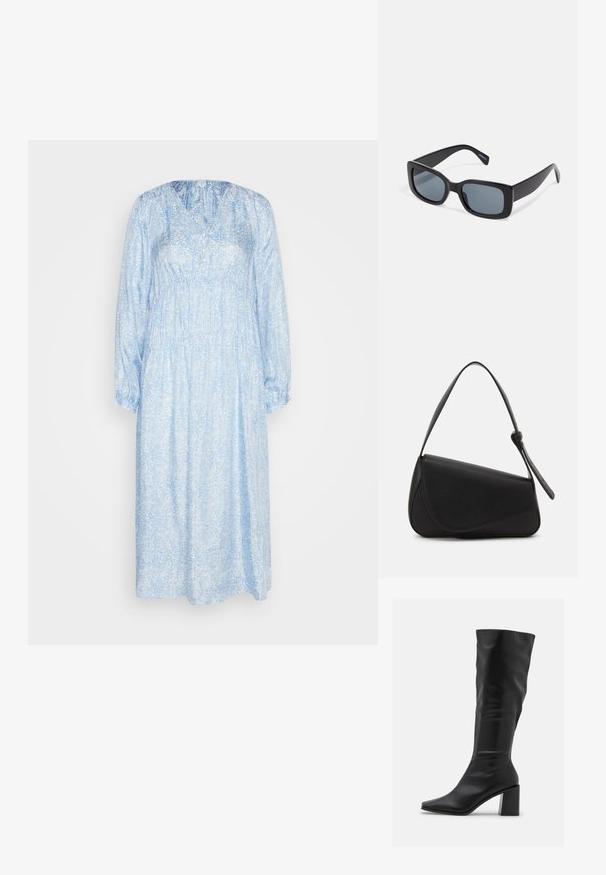 ARKET Skjortekjole - blue; RAID BLICK - Høje støvler/ Støvler - black; Sorte rektangulære solbriller med mørkt tonede linser, tyk plastramme og brede stænger. Glat overflade og kantet design.; Sort læderhåndtaske med en triangular form, skrå klap og et rundt håndtag. Har en glat overflade og minimalistiske design detaljer.