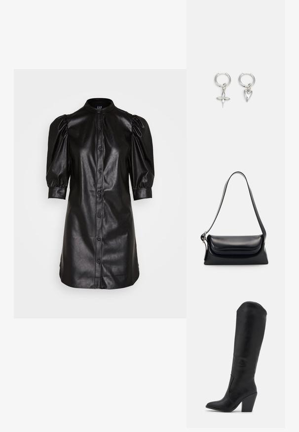 GAP PUFF SHIRTDRESS - Φόρεμα πουκάμισο - black; RAID LAKELYN - Μπότες με ψηλό τακούνι - black; Μαύρη δερμάτινη τσάντα χεριού με δομημένο σχήμα, απαλή υφή και έναν μόνο ιμάντα ώμου. Διαθέτει μια διακριτική, στρογγυλεμένη σχεδίαση καπακιού.; Ασημένες κρίκοι σκουλαρίκια που περιλαμβάνουν ένα charm σε σχήμα σταυρού και καρδιάς. Λείο, γυαλιστερό υφή με γυαλισμένη φινίρισμα. Κάθε charm κρέμεται από έναν ασφαλή βρόχο.