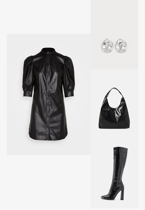 GAP PUFF SHIRTDRESS - Blousejurk - black; RAID JOCELYN - Laarzen - black; Zwarte leren hobo tas met een zachte, glanzende textuur en een ronde, open bovenkant. Voorzien van een brede, gebogen schouderband om te dragen. Geen zichtbare hardware.; Zilveren abstracte studs met een gepolijste afwerking, met gladde rondingen en subtiele contouren. Geen zichtbare patronen of accenten.