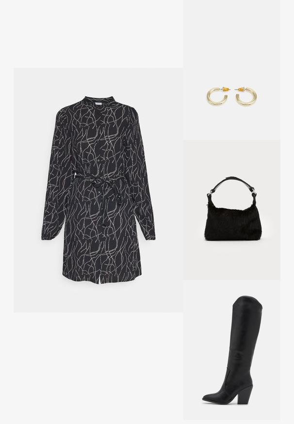 VILA VIMIST DRESS - Φόρεμα πουκάμισο - black; RAID LAKELYN - Μπότες με ψηλό τακούνι - black; Μαύρη τσάντα χειρός από ψεύτικη γούνα με απαλή υφή, στρογγυλή σχήμα και ανθεκτική μαύρη δερμάτινη ιμάντα ώμου. Ορατά ασημένια αξεσουάρ.; Χρυσά κρίκοι σκουλαρίκια με ομαλό, στρογγυλό σχήμα και γυαλιστερή φινέτσα. Διαθέτουν πορτοκαλί λεπτομέρειες στο πίσω μέρος για ασφαλή στερέωση.