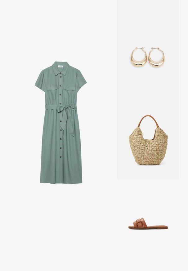 Robe verte à manches courtes en tissu texturé, avec un devant à boutons, deux poches poitrine et une ceinture nouée à la taille.; Sandales à glissière en cuir marron avec une large sangle texturée au design carré et une semelle plate marron. Style minimaliste et ouvert.; Sac fourre-tout en paille tissée avec une texture naturelle et une forme douce et organique, doté de poignées en cuir brun pour un transport facile.; Boucles d'oreilles créoles dorées en forme de croissant, avec une surface polie et un fermoir à charnière. La texture lisse et la finition réfléchissante améliorent la visibilité.