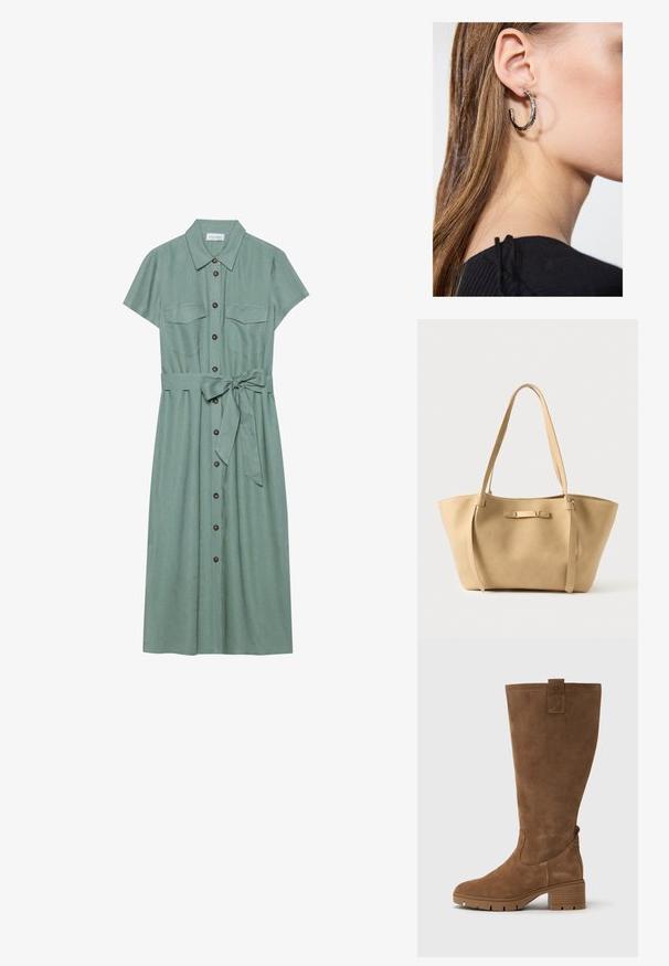 Robe verte à manches courtes en tissu texturé, avec un devant à boutons, deux poches poitrine et une ceinture nouée à la taille.; Tamaris Bottes - brown; Sac fourre-tout en cuir beige avec deux longues lanières, texture lisse et un subtil accent en métal à l'avant. Conception à ouverture supérieure, intérieur spacieux.; Boucle d'oreille en argent avec une finition polie, présentant de petits détails en or et de forme ronde, portée sur le lobe.