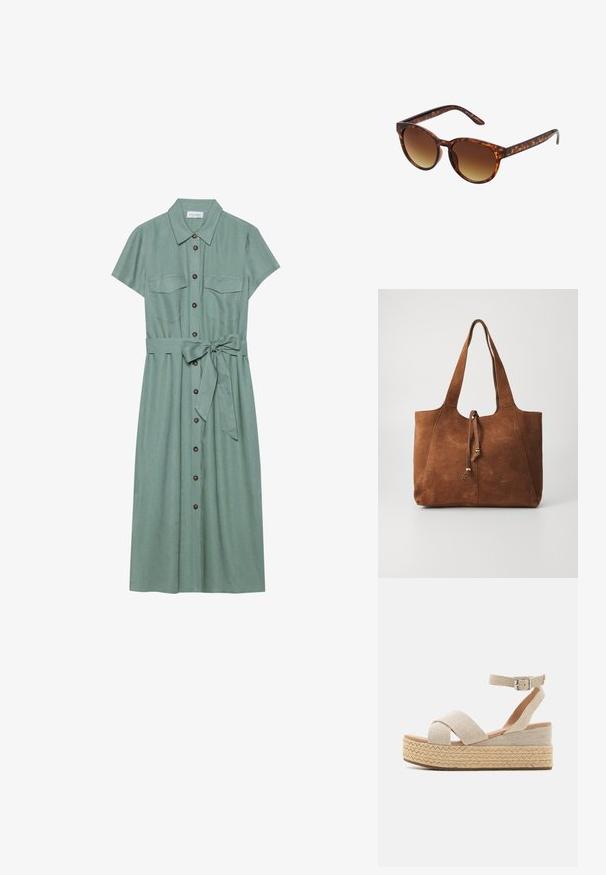 Robe verte à manches courtes en tissu texturé, avec un devant à boutons, deux poches poitrine et une ceinture nouée à la taille.; Sandales plateforme espadrilles beiges avec une tige en textile tissé, des sangles croisées, une boucle à la cheville et une semelle en jute texturé.; Lunettes de soleil écaille de tortue avec une forme vintage œil de chat, verres dégradés marron et finition lisse et brillante sur les montures et les branches.; Sac fourre-tout en daim marron avec deux longues poignées, fermeture à cordon et texture lisse. Présente un design simple et des accents minimaux.