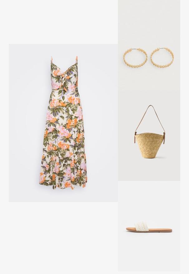 Robe maxi florale avec une base crème ornée de motifs floraux orange, rose et vert. Bretelles spaghetti et détail noué à l'avant.; Sandale à glissière tissée blanche avec une texture tressée et des perles décoratives, dotée d'une semelle intérieure lisse couleur tan et d'une semelle en caoutchouc plate.; Sac seau en paille tissée avec une base large, un sommet étroit et une bandoulière en cuir marron ajustable.; Boucles d'oreilles créoles en or avec un design texturé orné de petites perles rondes sur le bord extérieur. Légères avec une fermeture sécurisée.