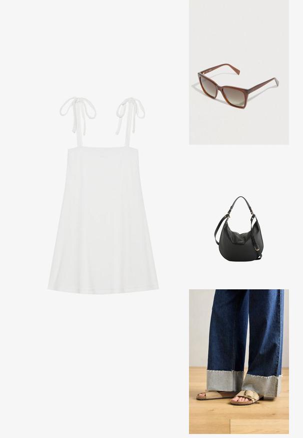 Vestido blanco sin mangas con tirantes ajustables, diseño holgado, textura suave y dobladillo recto. Estilo simple y minimalista.; Pies con sandalias Birkenstock beige con hebillas de oro, combinadas con jeans de mezclilla azul oscuro enrollados en los puños, de pie sobre un suelo de madera.; Gafas de sol con degradado marrón y montura ancha, hechas de plástico. Decoradas con un patrón texturizado en las patillas. Forma cuadrada.; Bolso de mano de cuero negro en forma de media luna con correa de hombro ajustable y detalles de hebilla dorada, con compartimento principal con cremallera.